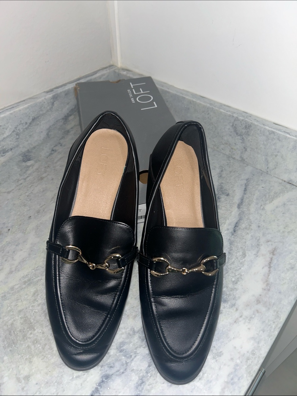 LOFT Black Leather Loafers with Gold Horsebit Accent
